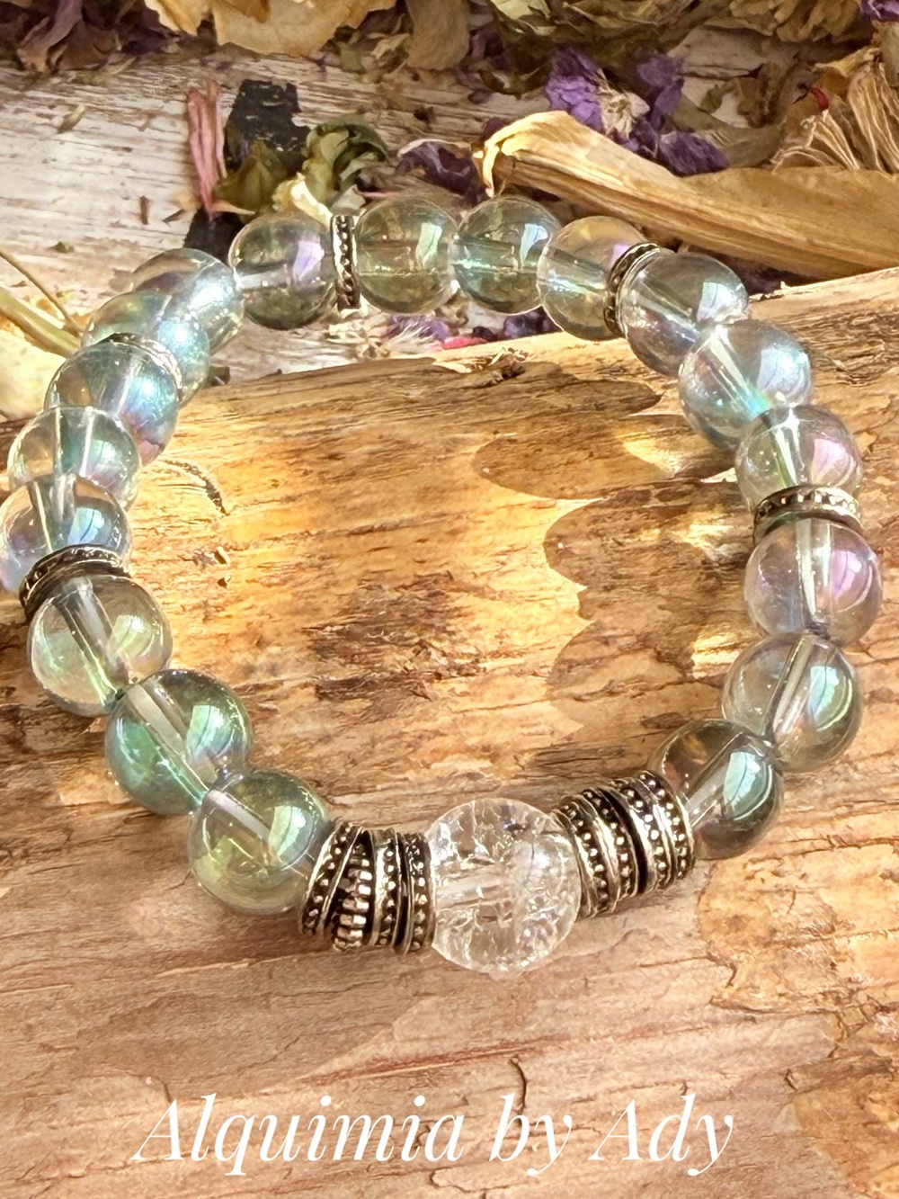 Iridescent Green and Clear aura quartz Bead Bracelet with Silver Accents